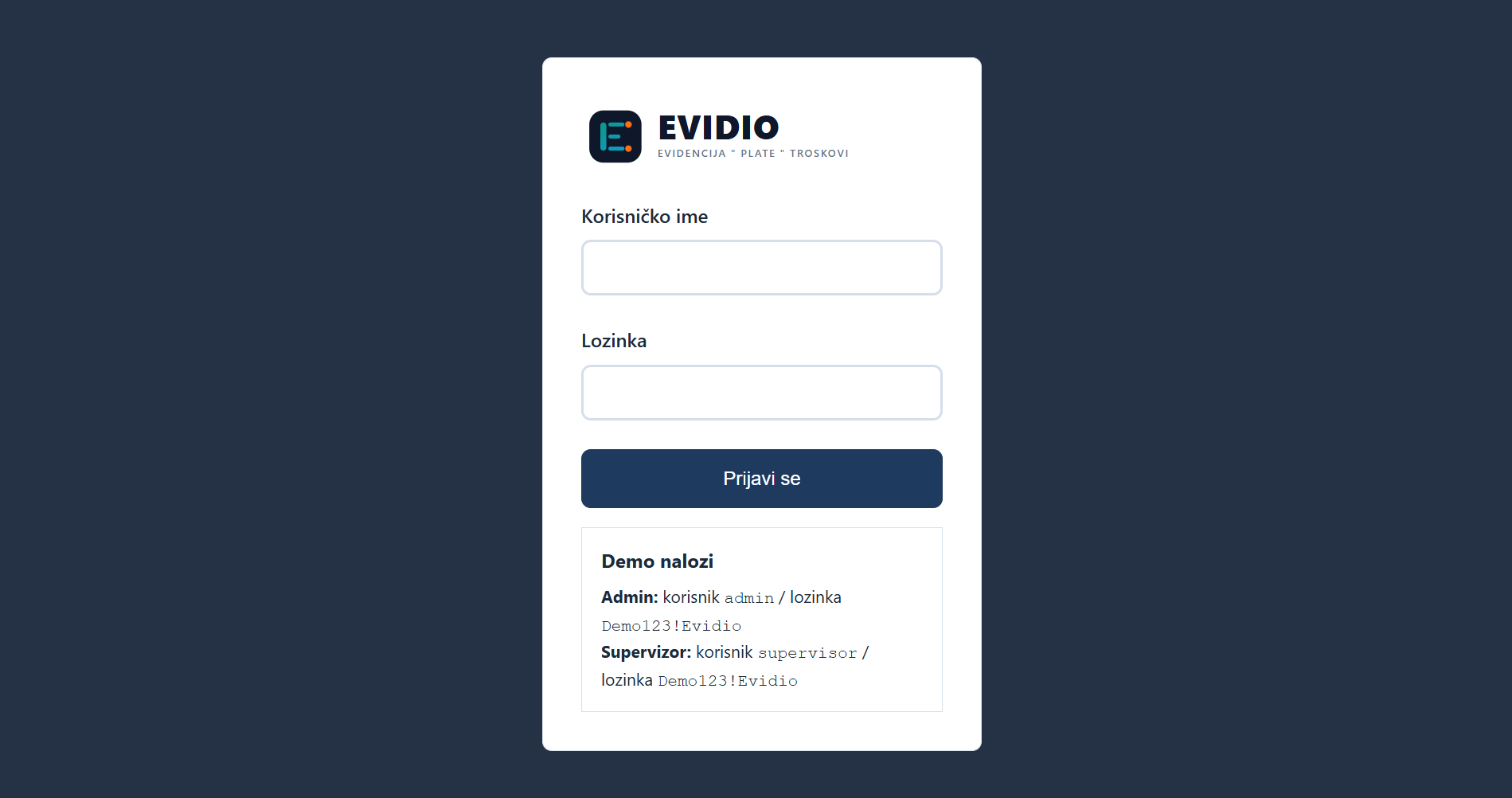 EVIDIO login screen